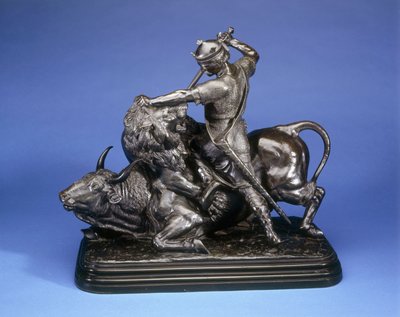En kung som dödar ett lejon och attackerar en tjur, ca 1874 (svart bronspatina) av Isidore Jules Bonheur