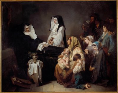 En välgörenhetssysters död Fattiga familjer samlas nära nunnans kropp. Målning av Isidore Alexandre Augustin Pils (1813-1875) 1850 sön. 2,43x3,08 m Paris, musee d