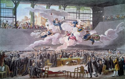 Franska revolutionen: "" Le ed du jeu de Paume le 20 juin 1789"" Deputerade svär att inte separera sig förrän en konstitution har rättats. Gravyr av Isidore Helman (1743-1809) 1789 Paris, B.N. av Isidore Stanislas Helman