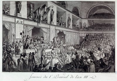 Franska revolutionen: dagen för folkets uppror mot hunger i I Prairial of Year III (20/05/1795): befolkningen invaderade konventet och massakrerade den deputerade Jean Bertrand Feraud (1759-1795), som var ansvarig för försörjningen av Paris, som op av Isidore Stanislas Helman