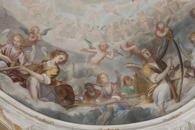 Änglar, musikeränglar och puttos, detalj av Paradiset med den evige Fadern, c.1623-34 (detalj av 3496185) av Isidoro Bianchi