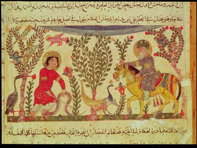 En läkare som ger hjälp till en man biten av en orm, manuskript från en avhandling av Dioscoride, 1200-talet av Islamic School
