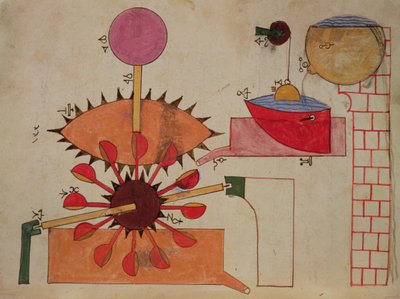 Diagram över ett system för att pumpa vatten in i en bassäng, från Book of Knowledge of Genial Mechanical Devices av Al-Jazari, 1206 av Islamic School