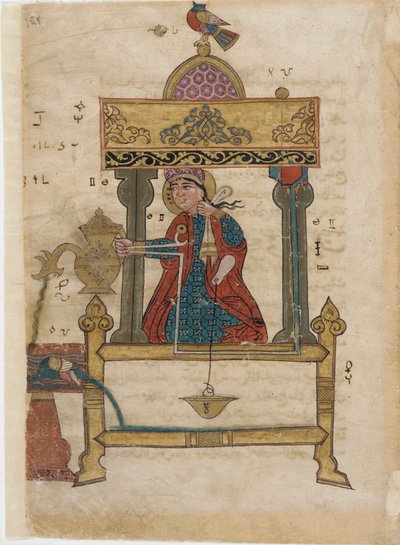 Handtvättautomat med spolmekanism, folio från The Book of Genial Mechanical Devices; av Al-Djazari, 1315 (ogenomskinlig wc, bläck och guld på papper) av Islamic School