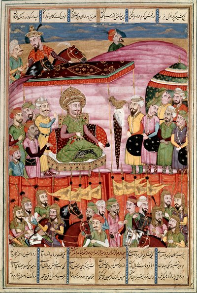 Islamisk konst: "" Sohrab (Saharab) står vid Roustams tält""" Persisk miniatyr från ett manuskript av den episka dikten "" Shahnameh"" (Shah Nama, Shahnama) (Kungarnas bok) av Ferdowsi (Firdawsi eller Ferdawsi) , eller Firdousi, ca 940-cirka 1020) (ms. 607 av Islamic School