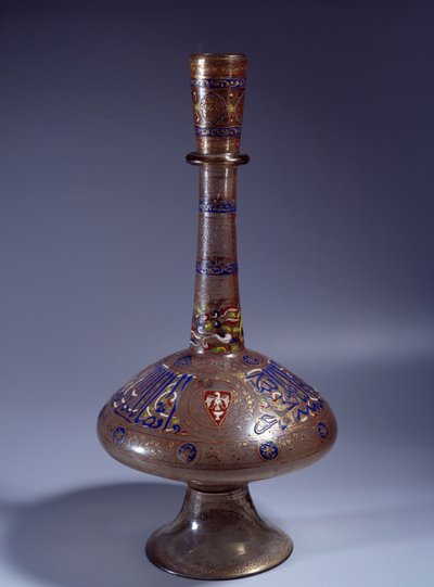 Islamisk konst: flaskan har länge enamed glashals av vice kung Tuquztemur. 1345 ca.. från Egypten eller Syrien. Dämpa. 50 cm. Paris, Louvren av Islamic School