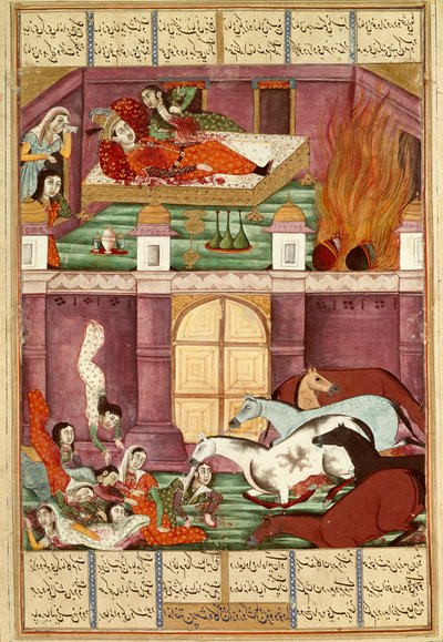 Islamisk konst: "" Firouds och hans mor Djerirehs död"" Persisk miniatyr från ett manuskript av den episka dikten "" Shahnameh"" (Shah Nama, Shahnama) (Kungarnas bok) av Ferdowsi (Firdawsi, eller Ferdawsi, eller Firdousi) , ca 940-omkring 1020) (ms. 607) C av Islamic School