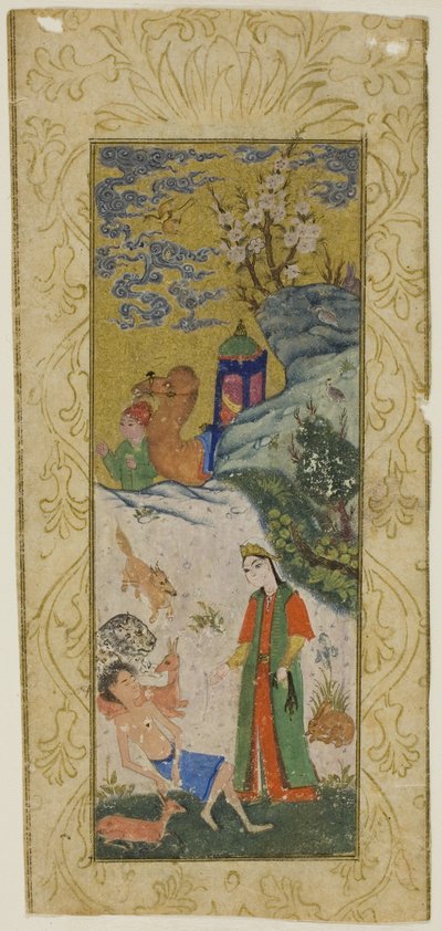 Layla besöker Majnun i öknen, sida från en kopia av Khamsa of Nizami av Islamic School