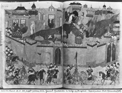Ms Suppl Persan 1113 f.180-181 Mongoler under ledning av Hulagu Khan stormade och intog Bagdad 1258, från 
