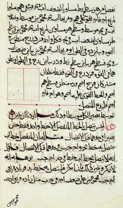 Sidan med text från ett exemplar av "Elements", en bok om geometri av den grekiske matematikern Euklides (fl.300 f.Kr.), 1188 (penna och bläck på papper) av Islamic School