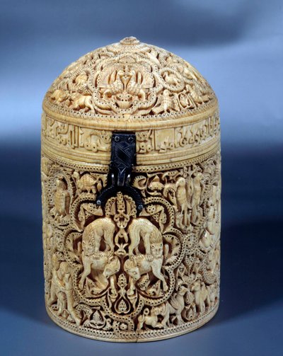 Pyxid (låda) av Al-Mughira (Al Mughira eller Moughira) i elfenben från Cordoba och avsedd för Emiren, 968. Paris, Louvren av Islamic School