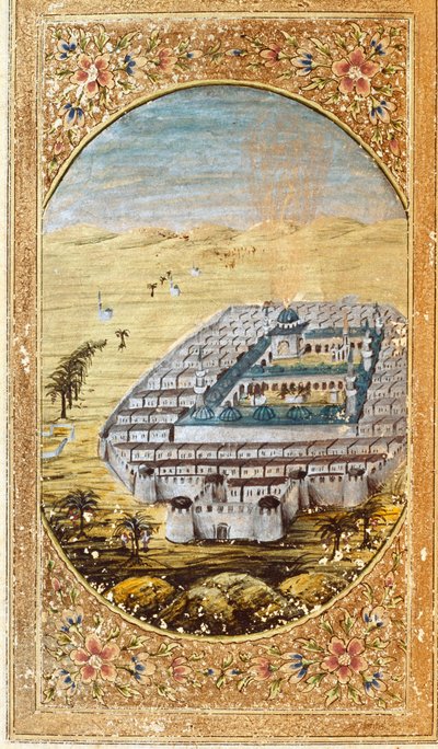 Utsikt över Mecka (La Mekke), muslimsk pilgrimsfärd och slätterna vid berget Arafat (Arafah), Saudiarabien. Sidan hämtad från en upplaga av Koranen av Islamic School