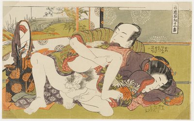 ”Framför spegeln”, nr 4 ur ”Tolv möten på kärlekens väg” (Shikidō torikumi jūniban) av Isoda Koryusai