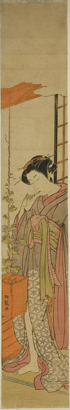 Courtesan beundrar morgonhärligheter medan hon rengör sina tänder av Isoda Koryusai