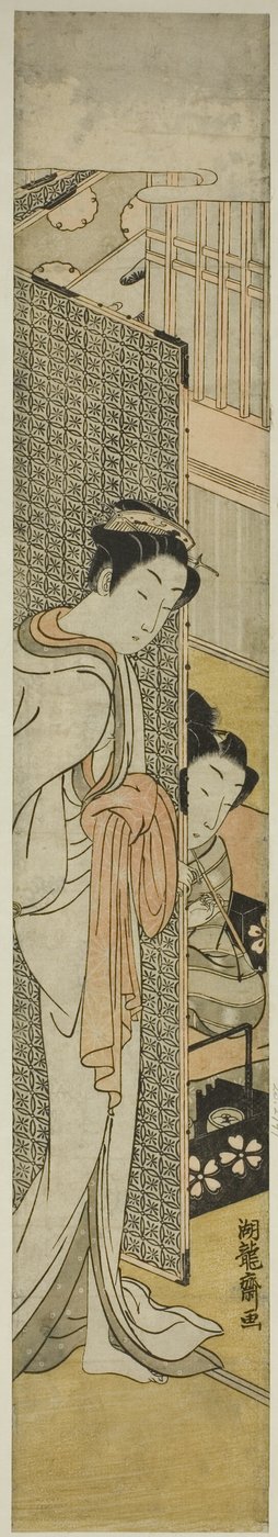 Courtesan står bakom skärmen och ung man röker av Isoda Koryusai