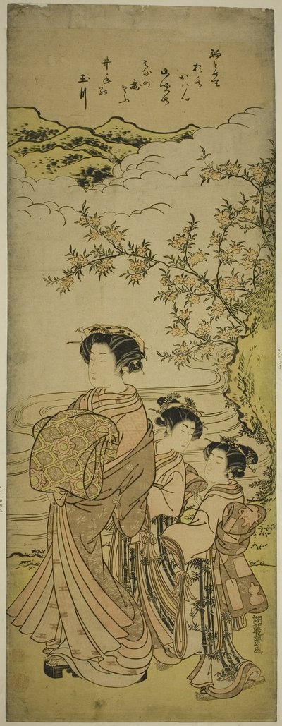 Courtesan och två skötare paradera vid en ström av Isoda Koryusai