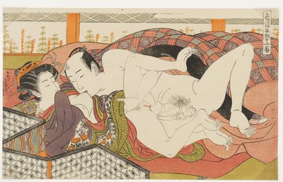 ”Att kyssa hennes bröst”, nr 9 ur ”Tolv möten på kärlekens väg” (Shikidō torikumi jūniban) av Isoda Koryusai