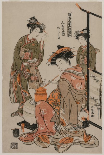 Kurtisanen Karahama från Yamashiroya utför teceremonin..., sent 1770-tal. av Isoda Koryusai