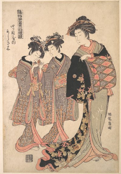 Kurtisanen Nishikigi från Yotsumeya-bordellen, ur serien ”En mönsterbok med årets första mönster, friska som vårörter” (”Hinagata wakana hatsu moyō”) av Isoda Koryusai