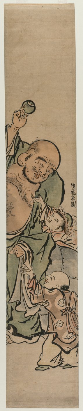 Två barn som tigger Hotei om en juvel, ca. 1770-talet. av Isoda Koryusai