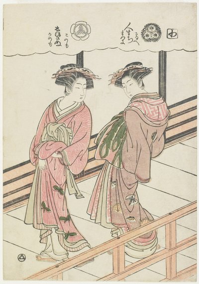 Två kurtisaner på en veranda, 1777 (trätryck i färg) av Isoda Koryusai
