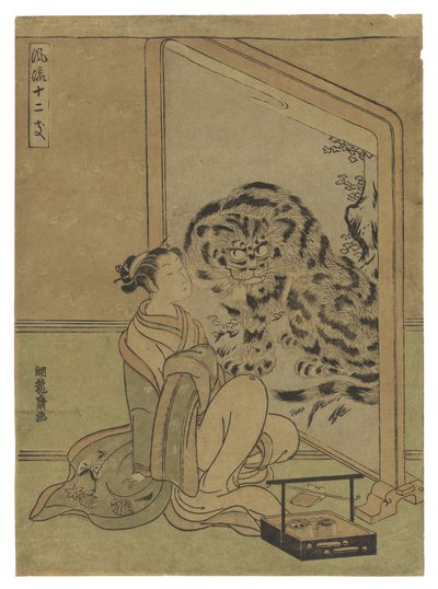 Kvinna vid en skärm målad med en tiger av Isoda Koryusai