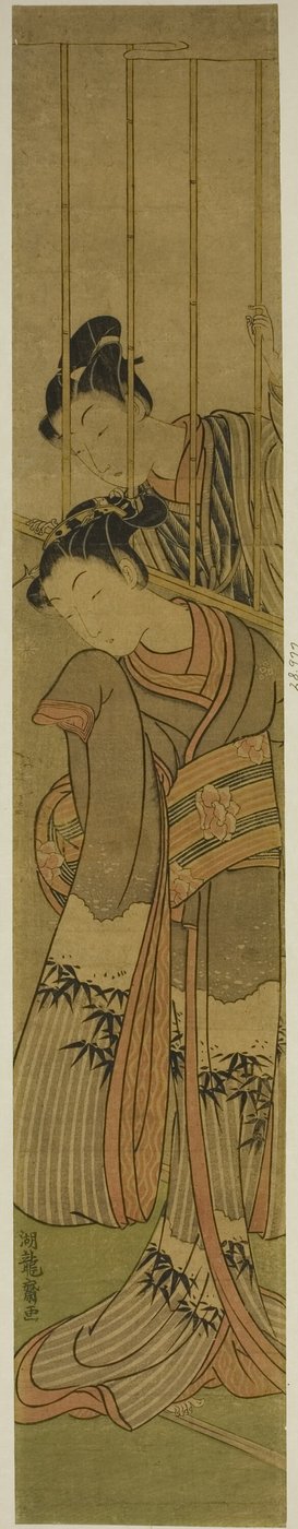 Ung man som beundrar en flicka genom ett gallerfönster av Isoda Koryusai