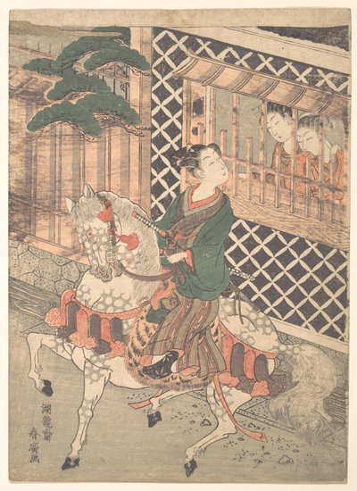 Ung samuraj till häst och kvinnor vid ett fönster av Isoda Koryusai