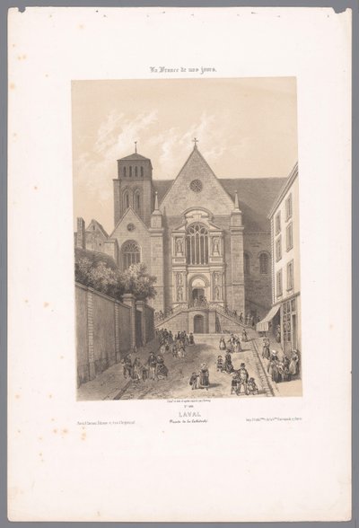 Utsikt över Sainte-Trinité-katedralen i Laval lava. Fasad de la Cathédrale (titel på objekt) Contemporary France (serietitel) La France de nos jours (serietitel på objekt) av Isodore Laurent Deroy