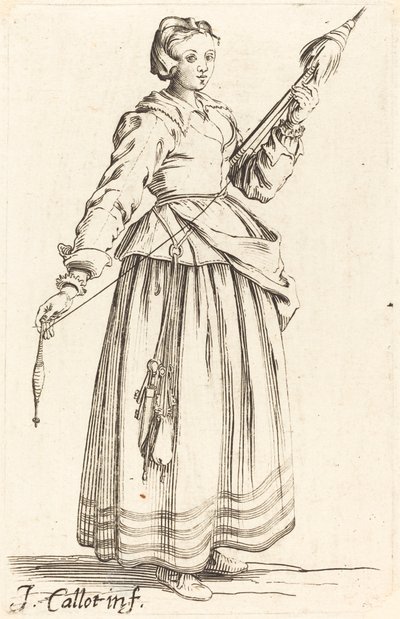 Ung kvinna med distaff, vänd åt höger av Israel Henriet after Jacques Callot