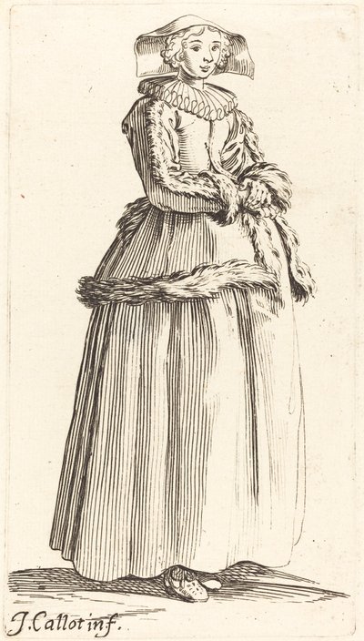 Ung kvinna med händerna vikta, vänd åt höger av Israel Henriet after Jacques Callot
