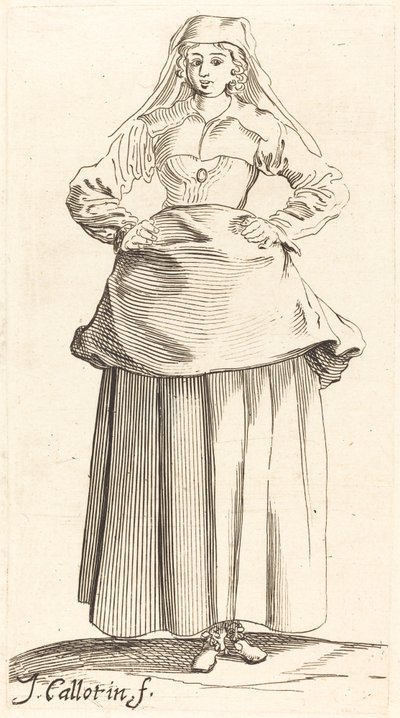 Ung kvinna med händerna på höfterna, framifrån av Israel Henriet after Jacques Callot