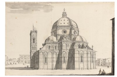 The Duomo and Campanile, Florence (svart krita, penna och grått bläck, brunt och grått tvätt på papper med vattenstämpel) av Israel the Younger Silvestre