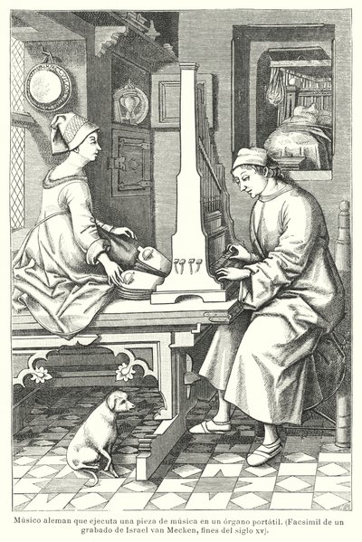 Tysk musiker som spelar en bärbar orgel, sent 1400-tal (litho) av Israel van (after) Mecken