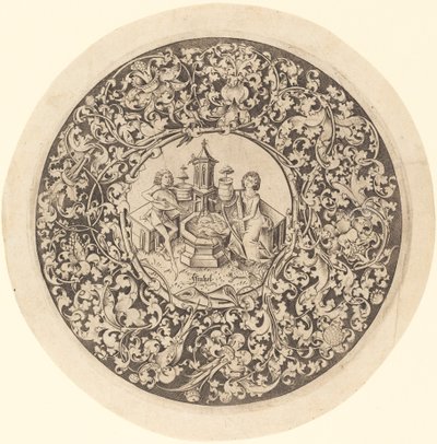 Cirkulär prydnad med musiker som spelar nära en brunn, ca. 14951503. av Israhel van Meckenem