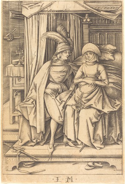 Par som sitter på en säng, ca. 14951503. av Israhel van Meckenem
