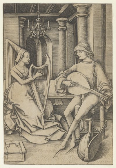 Lutspelare och harpist, från Scenes of Daily Life,.n.d. av Israhel van Meckenem