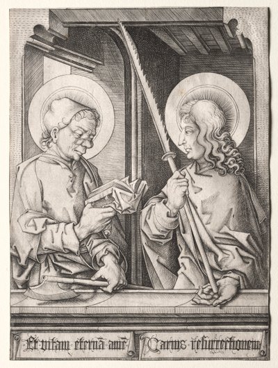 De tolv apostlarna vid gotiska fönster: St. Matthias och St. Judas Thaddaeus av Israhel van Meckenem
