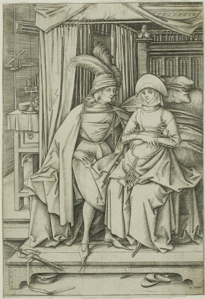 En man och en kvinna sittande på en säng av Israhel van Meckenem the younger