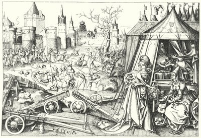 Halshuggningen av den assyriske generalen Holofernes av israeliten Judith av Bethulia, från dikten Judith (gravyr) av Israhel van the Elder Meckenem