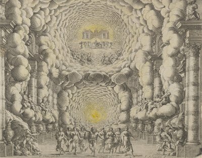 Design för en teateruppsättning skapad av Giacomo Torelli da Fano för baletten 