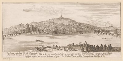 Utsikt över Lyon från stranden vid Celestine-klostret Veue de Lyon quand on est sur les quais des Celestins (titel på objekt) av Israël Silvestre