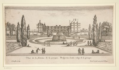 Utsikt över Chateau Liencourt: En innergård med en fontän av Israël Silvestre