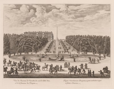 Utsikt över Château de Versailles, från sidan av gränden och drakfontänen av Israël Silvestre