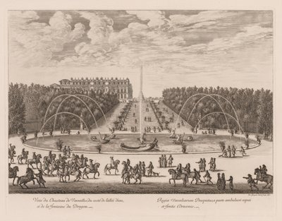 Utsikt över Château de Versailles, från sidan av körfältet och drakfontänen, 1676. av Israël Silvestre