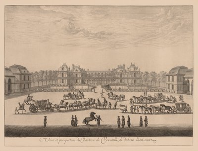 Utsikt och perspektiv av slottet i Versailles, inifrån anti-gården, 1664. av Israël Silvestre