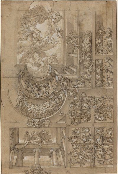Illusionistiskt tak med en druvberså, figurer på gallerier och en central scen av olympiska gudar av Italian 16th Century