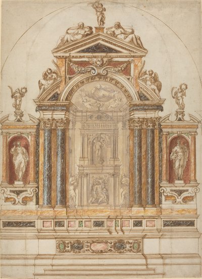 Ett utarbetat altare av färgad marmor prydd med skulpturer av Italian 17th Century