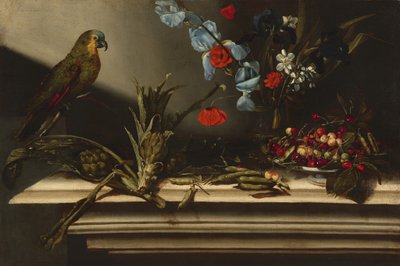 Stilleben med kronärtskockor och en papegoja av Italian 17th Century
