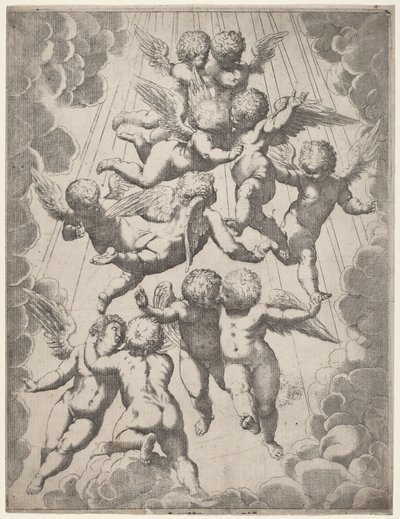 En grupp änglar i ära av Italian 17th Century, after Guido Reni, after Luca Cambiaso